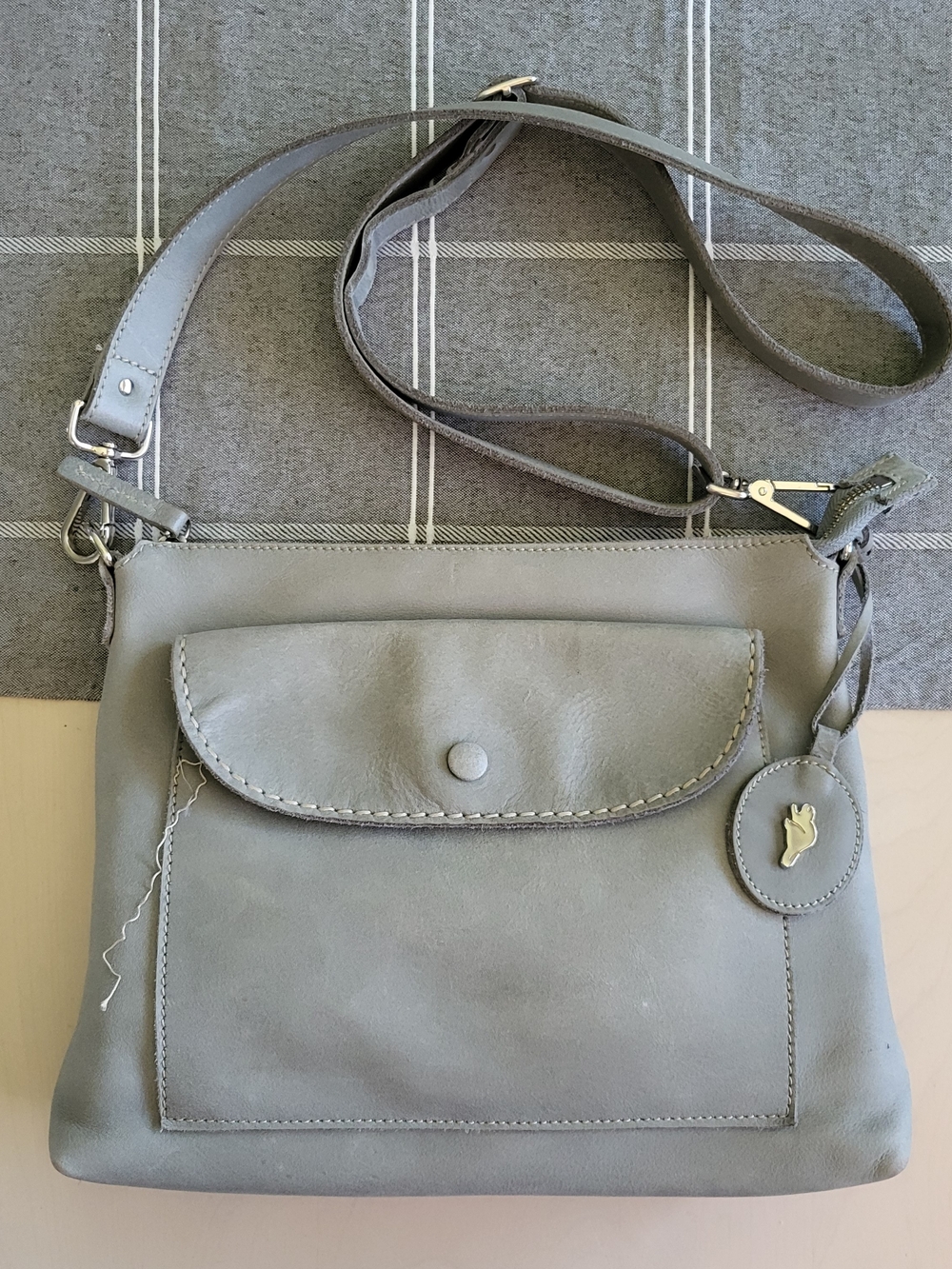 Roots Gray Leather Crossbody Bag with Front Flap Pocket